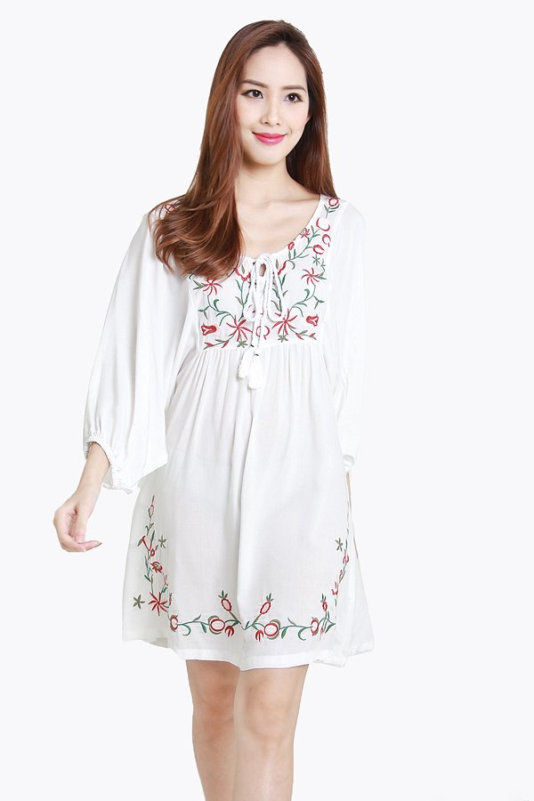 *RESTOCKED* Entranced by Embroidery Gypsy Blouson Dress White